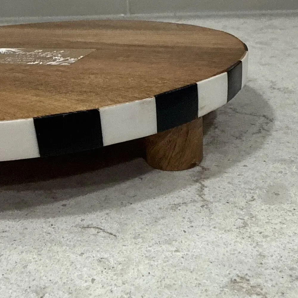 Checkered Black & White Enamel Inlay Wood 9” Round Table Scape Tray Riser NEW